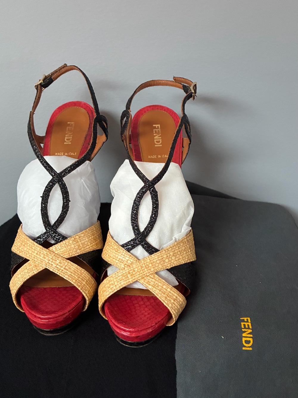 Fendi Multicolor Stiletto Sandals in Red, Black & Tan